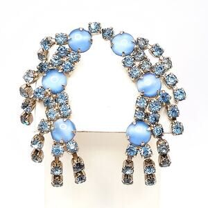 Vintage Blue Rhinestone Ear Climber Earrings Clip On Silver Tone Mid Century